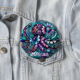 Whimsical Octopus Floral Teal Coastal Personalised 10 Cm Round Badge