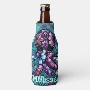 Whimsical Octopus Floral Teal Coastal Personalised Bottle Cooler