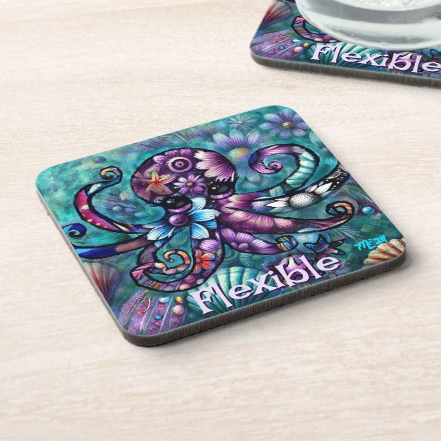 Whimsical Octopus Floral Teal Coastal Personalised Coaster (Left Side)