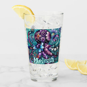 Whimsical Octopus Floral Teal Coastal Personalised Glass