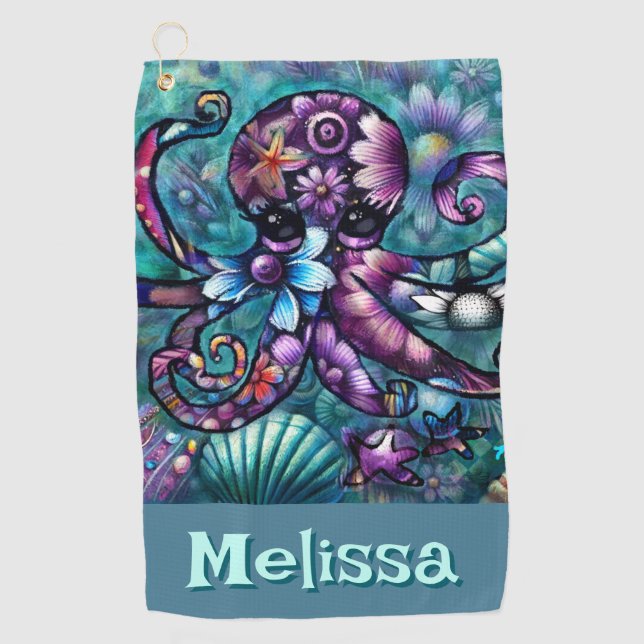 Whimsical Octopus Floral Teal Coastal Personalised Golf Towel (Front)