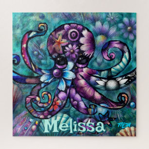 Whimsical Octopus Floral Teal Coastal Personalised Jigsaw Puzzle