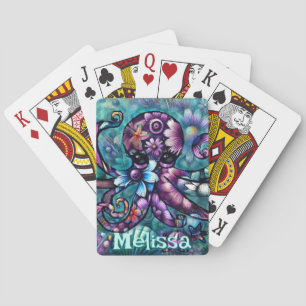 Whimsical Octopus Floral Teal Coastal Personalised Playing Cards