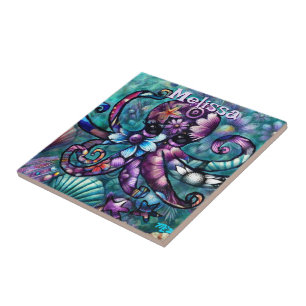 Whimsical Octopus Floral Teal Coastal Personalised Tile
