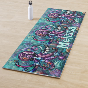 Whimsical Octopus Floral Teal Coastal Personalised Yoga Mat