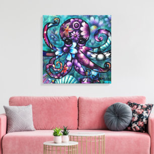 Whimsical Octopus Floral Teal Purple Blue Coastal Canvas Print