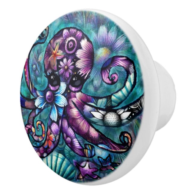 Whimsical Octopus Floral Teal Purple Blue Coastal Ceramic Knob (Right)