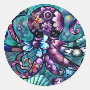 Whimsical Octopus Floral Teal Purple Blue Coastal Classic Round Sticker