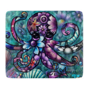 Whimsical Octopus Floral Teal Purple Blue Coastal Cutting Board