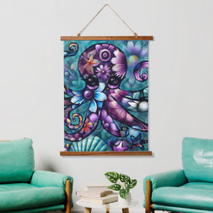 Whimsical Octopus Floral Teal Purple Blue Coastal Hanging Tapestry