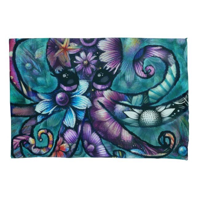 Whimsical Octopus Floral Teal Purple Blue Coastal Pillowcase (Front)