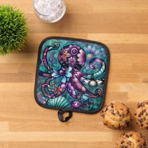 Whimsical Octopus Floral Teal Purple Blue Coastal Pot Holder