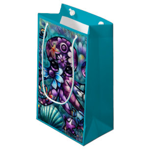 Whimsical Octopus Floral Teal Purple Blue Coastal Small Gift Bag