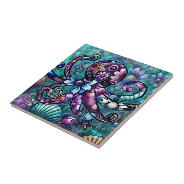 Whimsical Octopus Floral Teal Purple Blue Coastal Tile (Side)