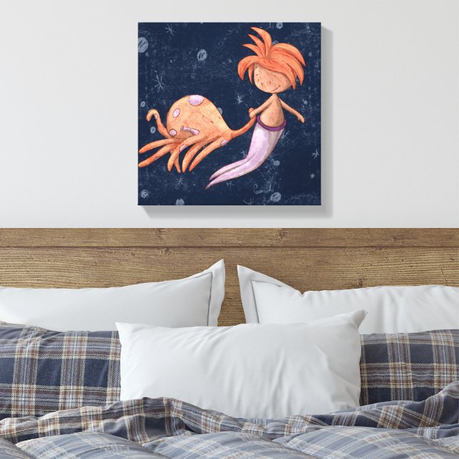 Whimsical Octopus Mermaid Canvas Print (Insitu(Bedroom))