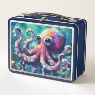 Whimsical Octopus Oil Painting Nautical Beach Metal Lunch Box