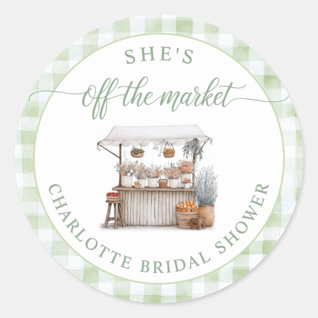 Whimsical Off the Market Farmer Bridal Shower Classic Round Sticker (Front)