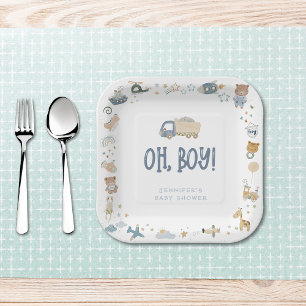 Whimsical Oh Boy Watercolor Doodle Baby Shower Paper Plate