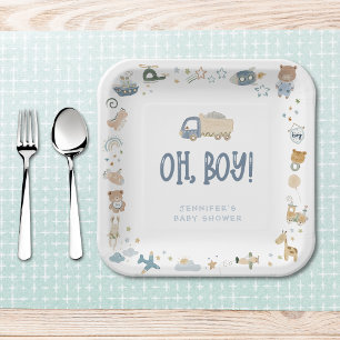 Whimsical Oh Boy Watercolor Doodle Baby Shower Paper Plate