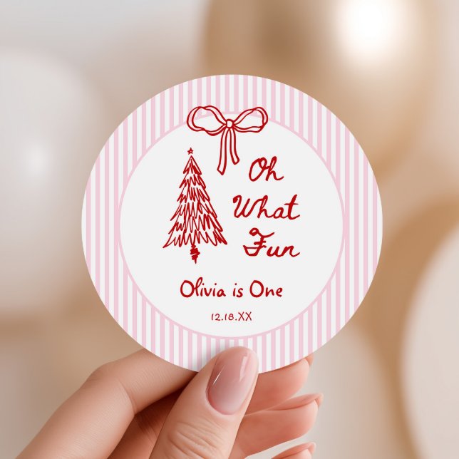Whimsical Oh What Fun Girl 1st Birthday Party Classic Round Sticker (Creator Uploaded)