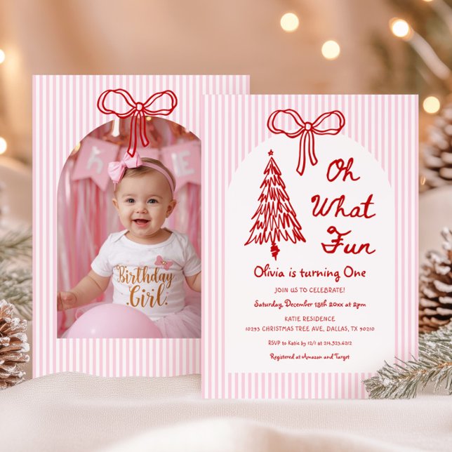 Whimsical Oh What Fun Girl 1st Birthday Photo Invitation (Creator Uploaded)