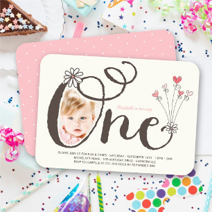 Whimsical One Pink Baby Girl 1st Birthday Photo Invitation