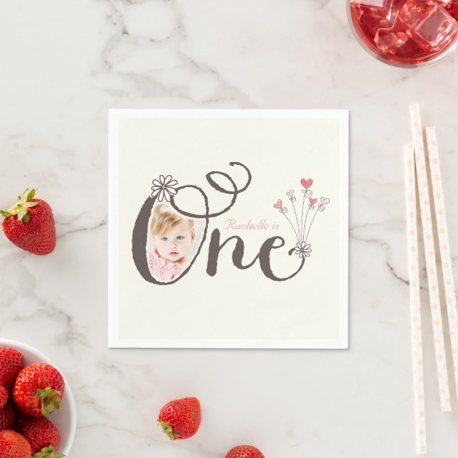 Whimsical One Pink Baby Girl 1st Birthday Photo Napkin (Insitu)