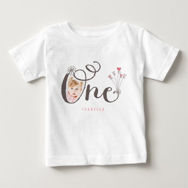 Whimsical One Pink Baby Girl 1st Birthday Photo T-Shirt (Front)