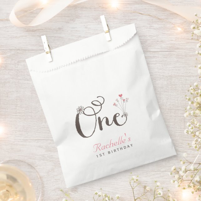 Whimsical One Pink Hearts Girl 1st Birthday Party Favour Bags (Clipped)