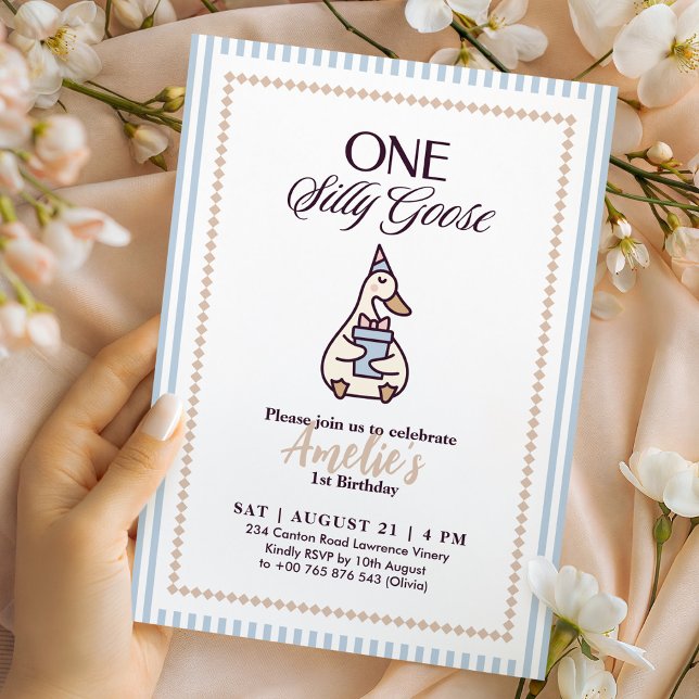 Whimsical One Silly Goose Birthday Invitation (Creator Uploaded)