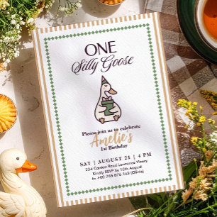 Whimsical One Silly Goose Birthday Invitation