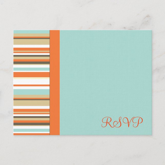 Whimsical orange and blue stripe RSVP Invitation Postcard (Front)