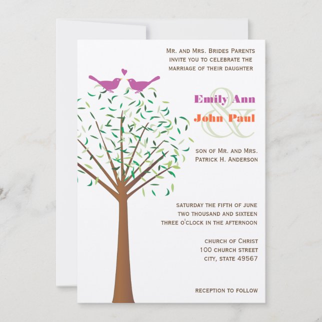 Whimsical Orange and Fuchsia Love Bird Tree Invite (Front)