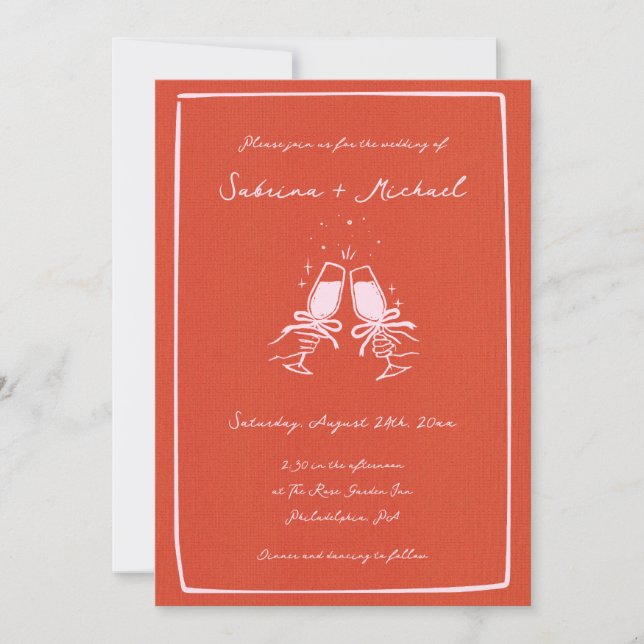 Whimsical Orange and Pink Hand Drawn Glass Wedding Invitation (Front)