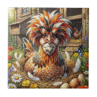 Whimsical Orange and White Polish Chicken Coop Tile