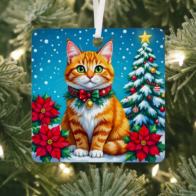Whimsical Orange Cat and Custom Message Christmas Metal Tree Decoration (Insitu)
