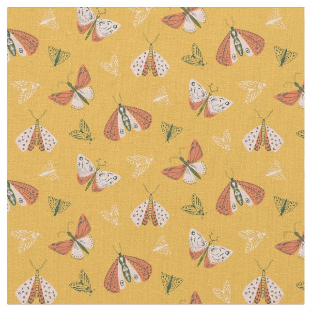 Whimsical Orange Ecru Moths  Fabric (Close Up)