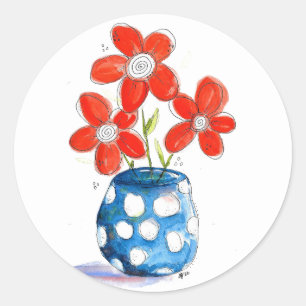 Whimsical Orange Flowers in Blue Vase Classic Round Sticker
