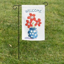 Whimsical Orange Flowers in Blue Vase Garden Flag