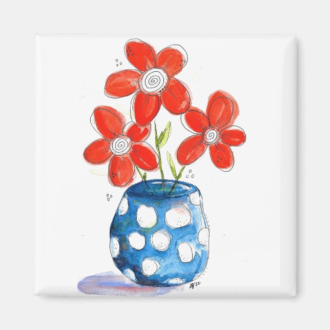 Whimsical Orange Flowers in Blue Vase Magnet (Front)