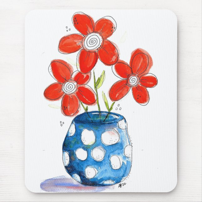 Whimsical Orange Flowers in Blue Vase Mouse Pad (Front)