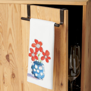 Whimsical Orange Flowers in Blue Vase Tea Towel
