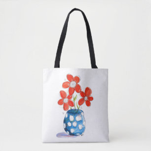 Whimsical Orange Flowers in Blue Vase Tote Bag
