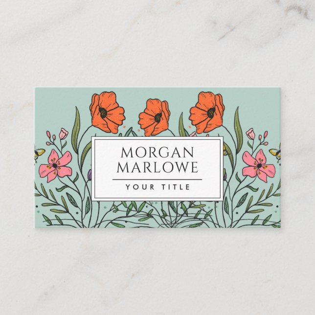 Whimsical Orange Pink Cute Floral Bouquet Green Business Card (Front)