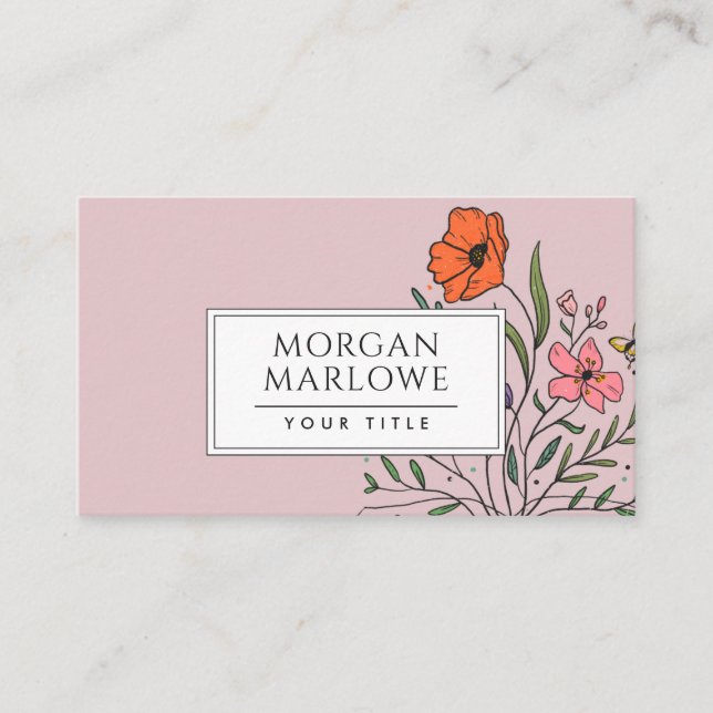 Whimsical Orange Pink Floral Bouquet Dusty Pink Business Card (Front)
