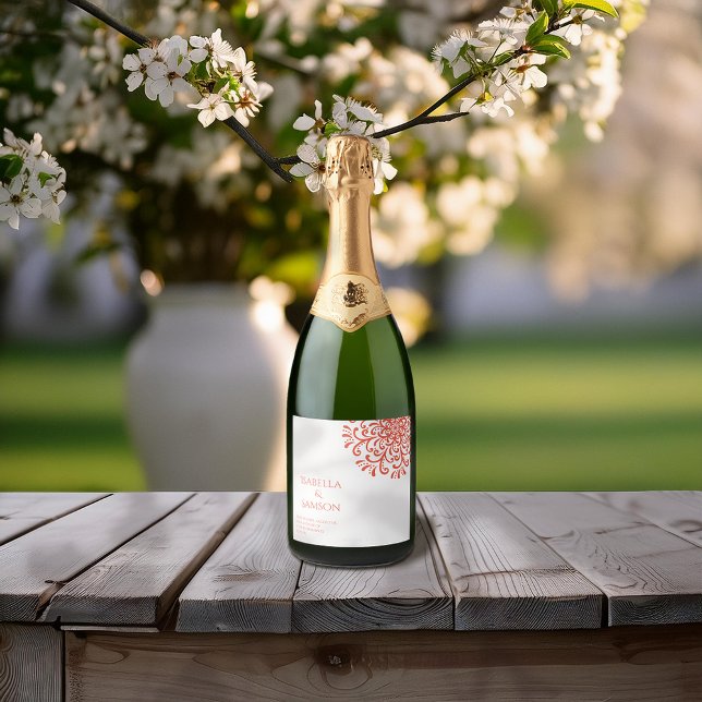 Whimsical Orange Red Flourish Sparkling Wine Label (Creator Uploaded)