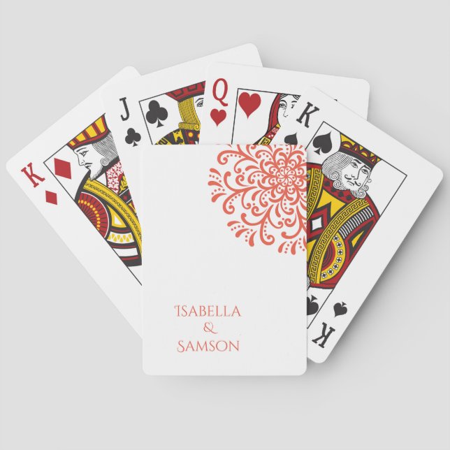 Whimsical Orange Red Flourish Wedding Playing Cards (Back)