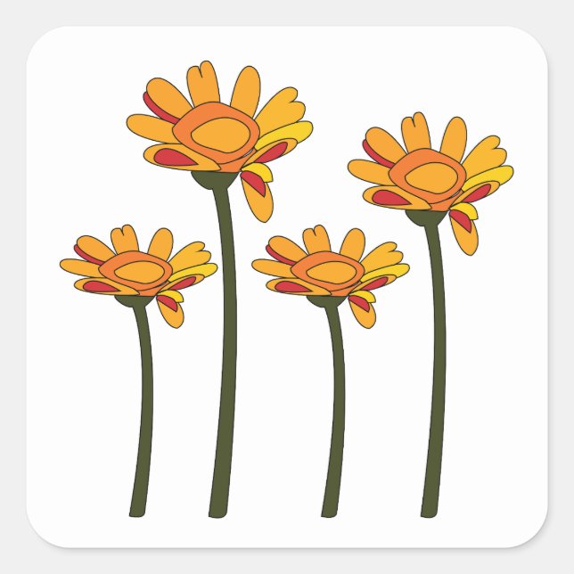 Whimsical Orange Red Flower Floral Square Sticker (Front)
