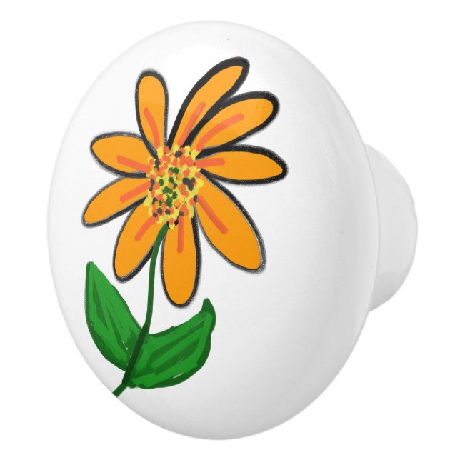 Whimsical Orange Yellow Floral Green Leaves Ceramic Knob (Right)