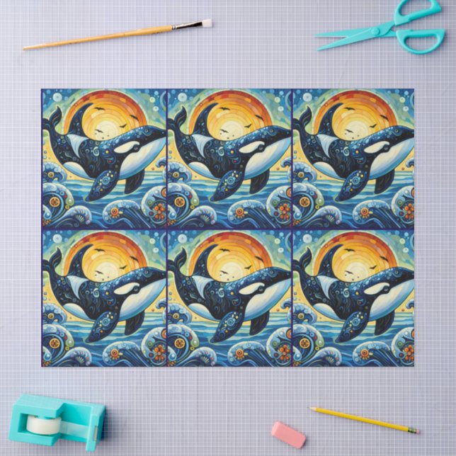 Whimsical Orca Whale Beach Coastal Decoupage  Tissue Paper (Craft)